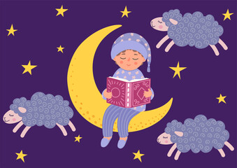 Bedtime story. Cute little boy reads book. Child in pajama sitting on the moon. Night starry sky with clouds in form of sheeps