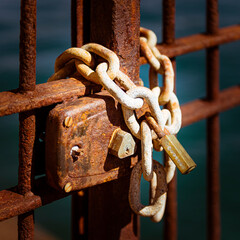 Chaine et cadenas autour d'une grille rouillée