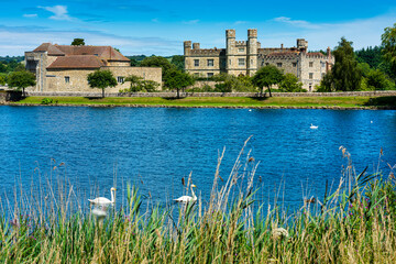 Leeds Castle in Kent, England viewed from a public footpath that runs through the grounds