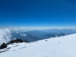 A breathtaking view from the top of Elbrus. Beautiful winter mountain landscape.