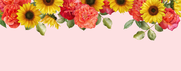 Floral banner, header with copy space. Sunflowers and red roses on pink background. Natural flowers wallpaper or greeting card.