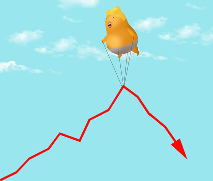 A blimp that looks like a man struggles to lift the graph of the stock market and keep it going up.
