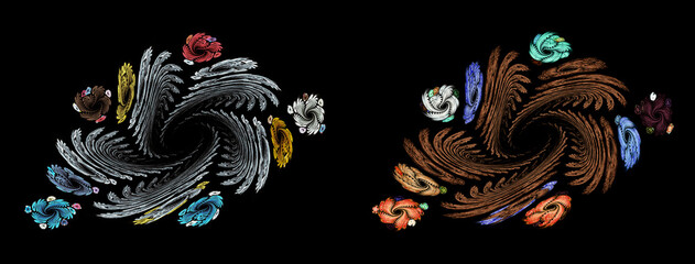 Abstract fractal flowers and leaves are arranged in a circle on a black background. Set of two graphic design elements. 3d rendering. 3d illustration.