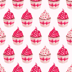 Valentine holiday card. Cupcakes with red cream and hearts.  Seamless pattern. Texture for fabric, wrapping, wallpaper. Decorative print.