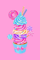 cupcake with pink strawberry, blue mint, vanilla  cream, topping with sprinkles, donut, lollipops and sweets