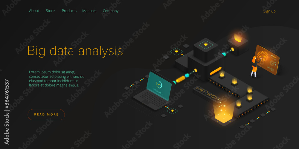 Wall mural big data technology in isometric vector illustration. information storage and analysis system. digit