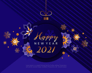 New Year 2021. Papercut vector art. Christmas ball on a blue background surrounded by snowflakes.
