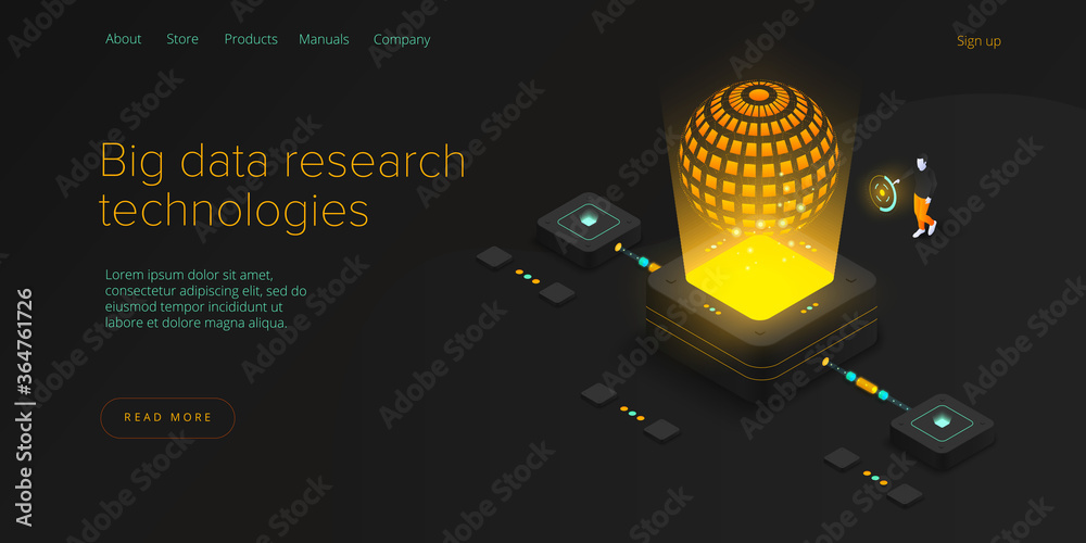 Sticker big data technology in isometric vector illustration. information storage and analysis system. digit