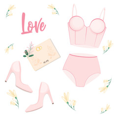 Woman underwear and shoes with lettering Love. Set of hand drawn wedding elements. Flat illustration