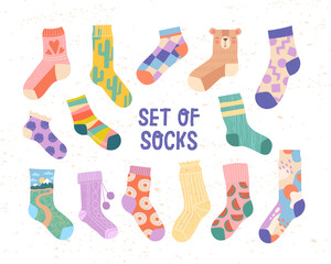 Large set of socks with colorful patterns isolated on white, colored vector illustration