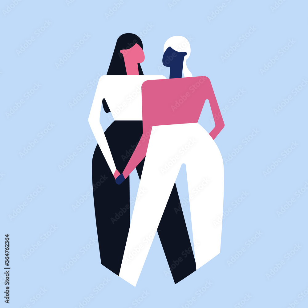 Wall mural two women holding hands, abstract vector flat illustration