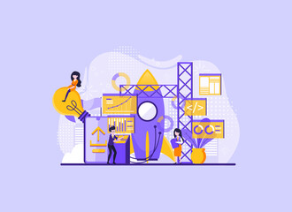 Tiny people of planning, growing business, Businessmen working to grow up, big ideas, Build your idea or concept for web, presentation, print. Vector illustration
