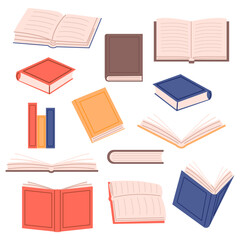 Diverse cartoon books set on white background vector illustration flat design