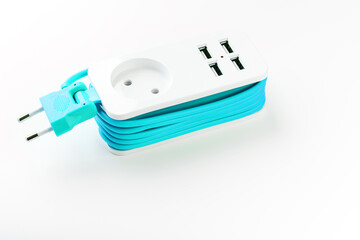 Extension Socket with USB Port on white background for charging phones and electronic devices, blue power cord.
