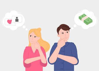 a girl thinks about popularity and a man about money vector illustration cartoon flat design modern style 