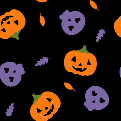 Halloween pattern with pumpkins and skulls. Vector seamless pattern for Halloween on a black background. Flat cartoon illustration. For fabric design, wrapping paper, wallpaper.