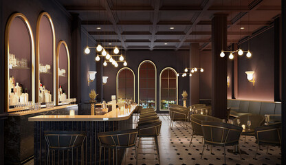 Bar counter with chairs.Modern classic style interior.3d rendering - obrazy, fototapety, plakaty