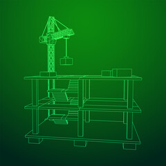 Building under construction with crane. Build house construct in process. Wireframe low poly mesh vector illustration