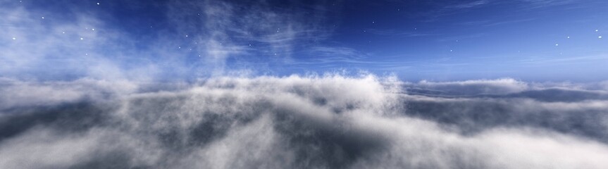 In the clouds. Among the clouds. Beautiful clouds. Sky with clouds view from above, 3D rendering.