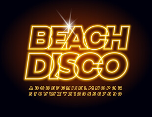 Vector trendy poster Beach Disco. Yellow Glowing Font. Gold Neon Alphabet Letters and Numbers
