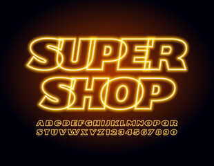 Vector neon banner Super Shop. Yellow Glow Font. Electric Alphabet Letters and Numbers