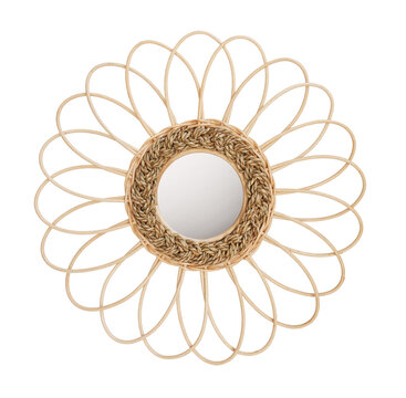 wooden rattan frame with mirror isolated on white background. Details of modern boho bohemian style , eco design interior
