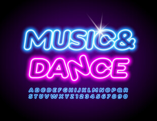 Fototapeta na wymiar Vector neon poster Music & Dance. Blue light Font. Trendy glowing Alphabet Letters and Numbers