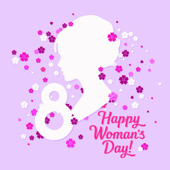 Happy Women's Day lettering with flowers and female image. International Women's Day. Template greeting card, poster.