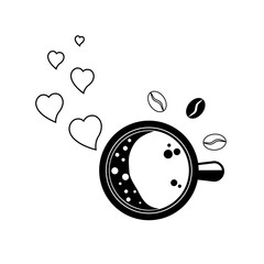 cup of coffee line vector icon, coffee beans, hearts isolated on background. top view. morning symbol for web design