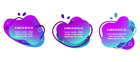 Abstract fluid gradiented shape set, trendy neon blue violet cyan colors. Useful as a design element for web banners, flyers. Isolated, white background, applicable for your text. Vector illustration.