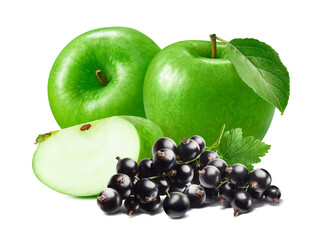 Green apple and black currant isolated on white background