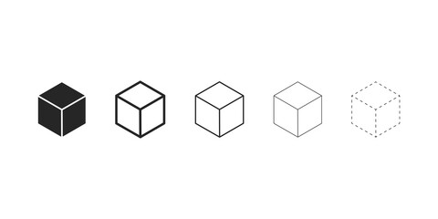 Cube icons set. Isolated square bold and outline box. Dashed and dotted cube collection. Empty transparent blocks in linear design. Empty container sign. Vector EPS 10.