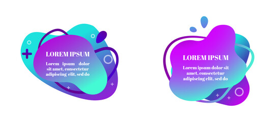 Abstract fluid gradiented shape set, trendy neon blue violet cyan colors. Useful as a design element for web banners, flyers. Isolated, white background, applicable for your text. Vector illustration.