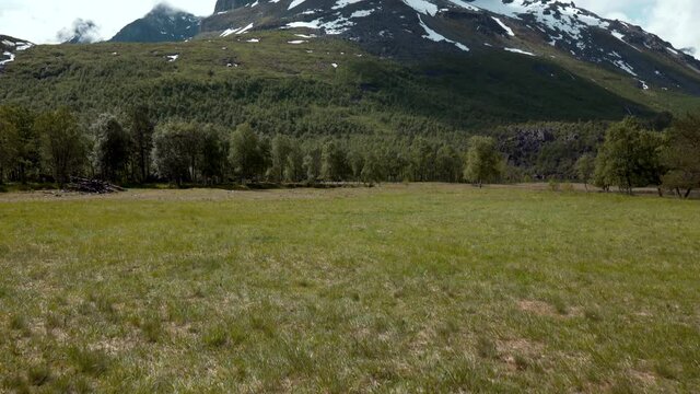Beautiful view of camera panning up from a meadow, towards a large snow covered mountain touching the clouds.