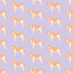 Cute standing dog repeating pattern. Happy canine vector illustration background.