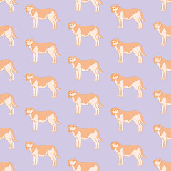 Cute standing dog repeating pattern. Happy canine vector illustration background.