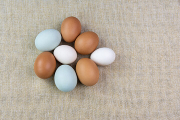 Uncooked of various shapes, colors, and sizes of eggs lay on sackcloth.