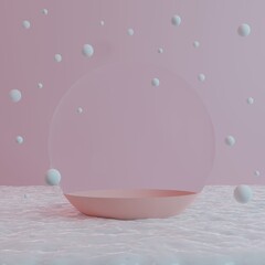 Empty glass ball in the snow with snowfall on a pink background 3D illustration