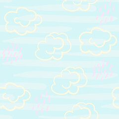 Memphis style hand drawn textured seamless pattern, Abstract fashion trendy vector background with hand drawn doodle clouds and pink rain for textile, wrapping paper, surface, background, wallpaper