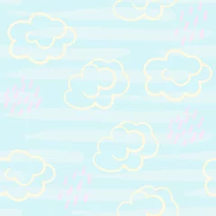 Tuinposter Memphis style hand drawn textured seamless pattern, Abstract fashion trendy vector background with hand drawn doodle clouds and pink rain for textile, wrapping paper, surface, background, wallpaper © art_of_line