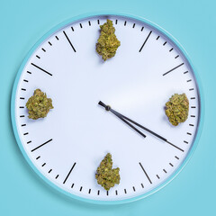 Cannabis clock on blue background