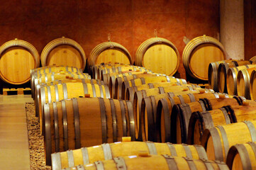 wooden barrels in wine cellar