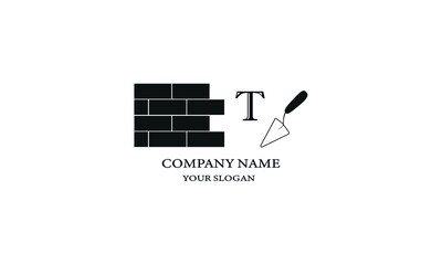 Construction logo design with letter T. Vector icon of brickwork and construction trowel. Monogram for construction organization, shop, office