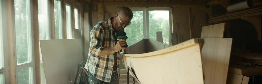 Mid 50s Caucasian male building a canoe in his workshop, using milling tool. Boat making hobby, small business owner. Shot on RED Dragon