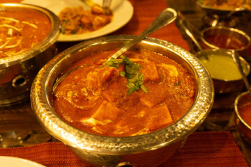 Close up shot of Indian traditional food. Shahi paneer. Tasty spicy food. Paneer is consisting of a thick gravy of cream, tomatoes, curry and Indian spices. 