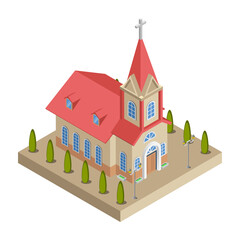Graphic mall, Church building, Isometric 3D illustration.