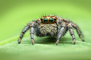 ่jumping spider closeup on green leave 