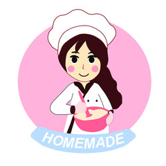 Cute girl prepares food and inscription homemade, vector graphics
