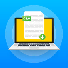 Download CSV button on laptop screen. Downloading document concept. File with CSV label and down arrow sign. Vector illustration.