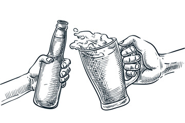 Human hand cheers with beer glass and bottle. Vector hand drawn sketch illustration. Octoberfest beer festival